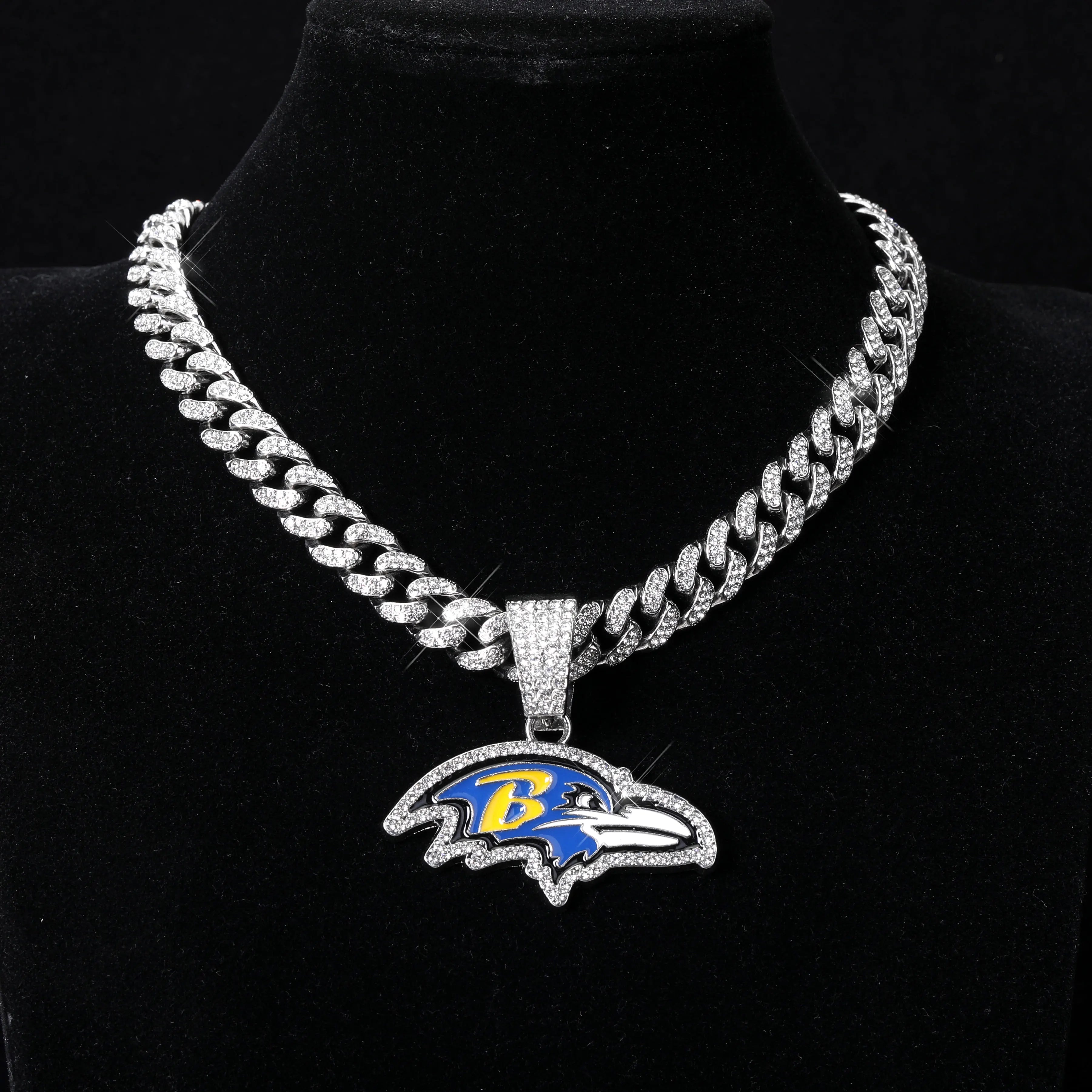 Sports LOGO Pendant Necklace with Iced Out Cuban Chains for Football Fans