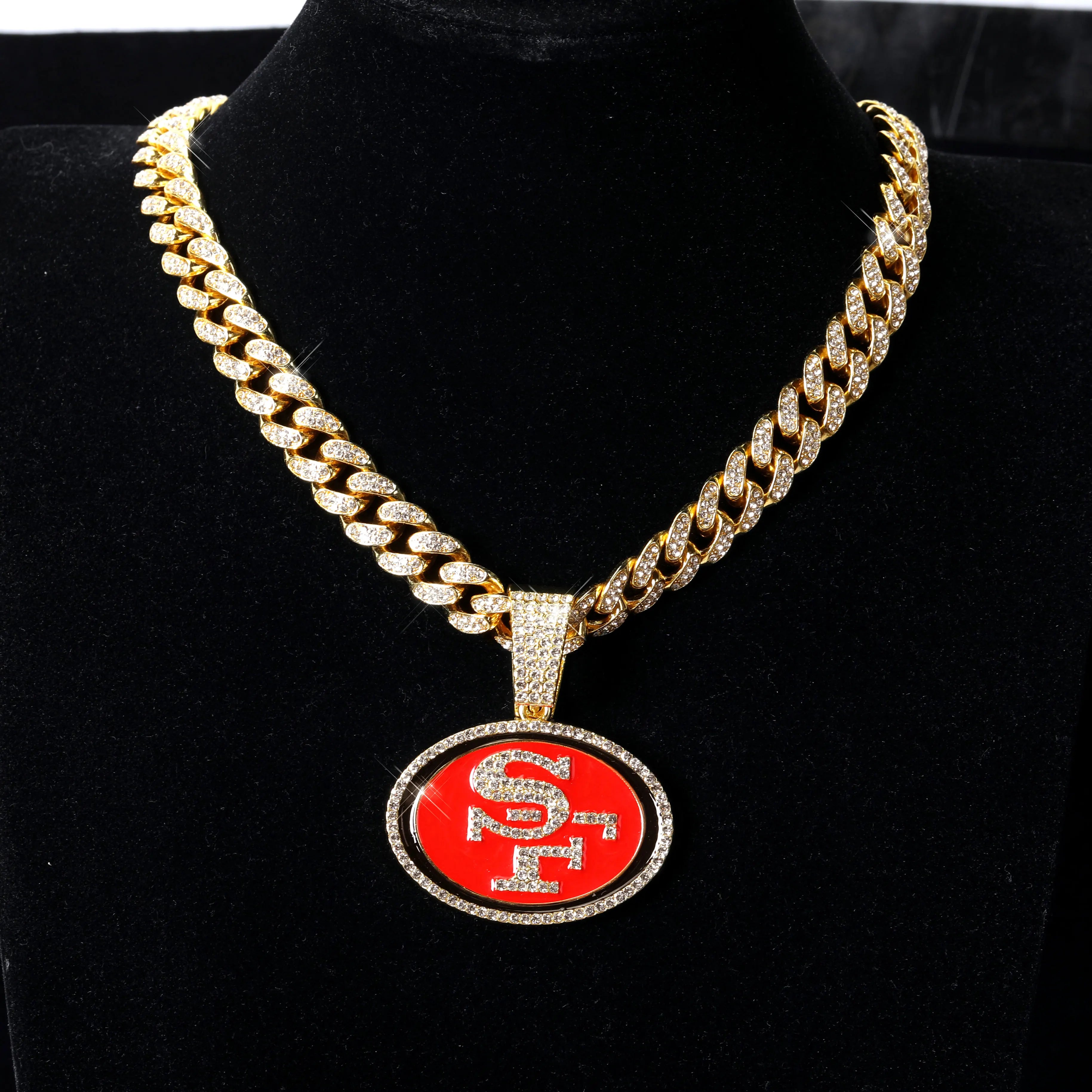 Sports LOGO Pendant Necklace with Iced Out Cuban Chains for Football Fans